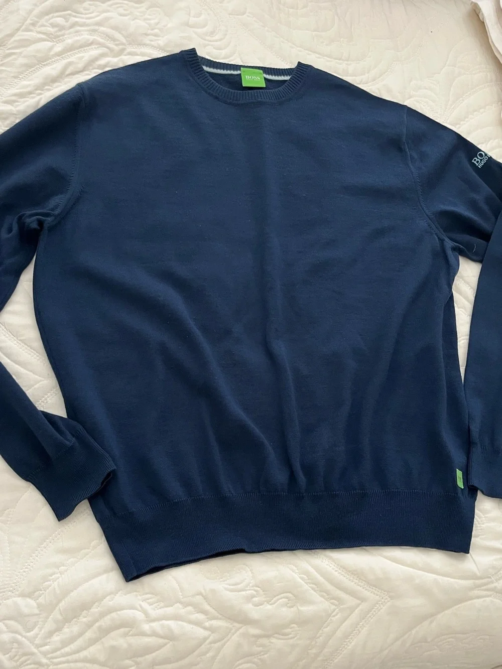 Boss Men's Navy Crewneck Sweater with Lime Accent xl